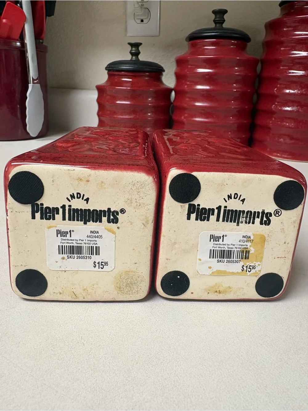 EUC Pier 1 Imports Red Ribbed Ceramic Canister/Oil & Vinegar Set